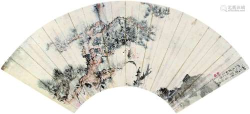 郑午昌（1894～1952） 松月高辉 扇面 设色纸本