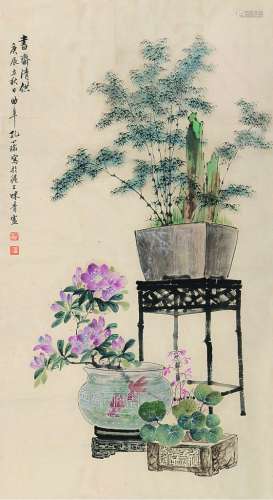 孔小瑜（1873～1926） 书斋清供图 立轴 设色纸本