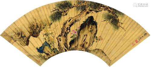 李士达（1550～1620） 松石图 扇面 设色金笺