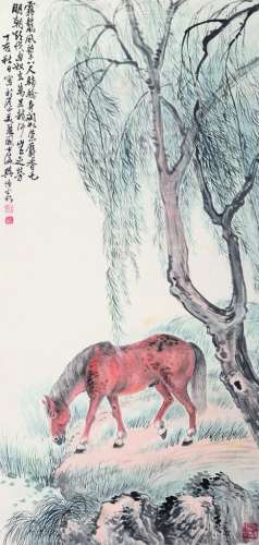 樊浩霖（1885～1962） 柳荫牧马 立轴 设色纸本