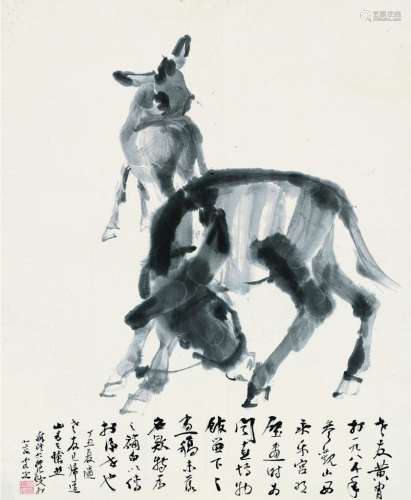 黄胄（1925～1997） 二驴图 镜片 水墨纸本