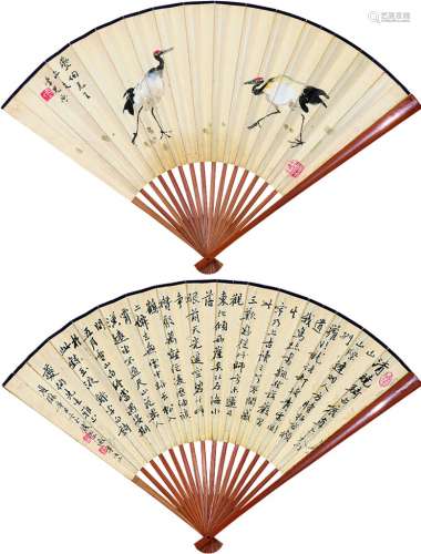 张聿光（1885～1968） 钱崇威（1870～1968） 双鹤 书法 成扇 设色纸本