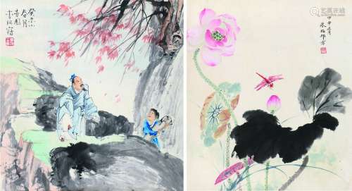 朱梅邨（1911～1993） 李芳园（1883～1947） 花卉 人物 立轴 双挖设色纸本