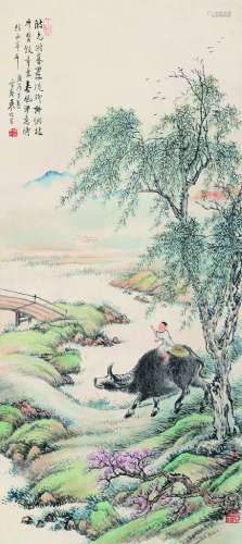袁培基（1870～1943） 柳堤牧牛 立轴 设色纸本