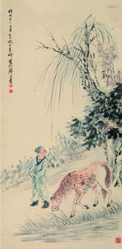 倪墨耕（1855～1919） 牧马图 立轴 设色纸本
