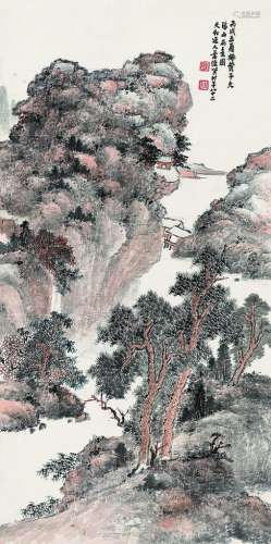 萧俊贤（1865～1949） 溪山雨意图 立轴 设色纸本