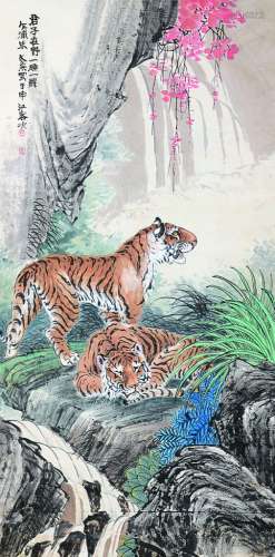 朱文侯（1895～1961） 双虎山居图 立轴 设色纸本