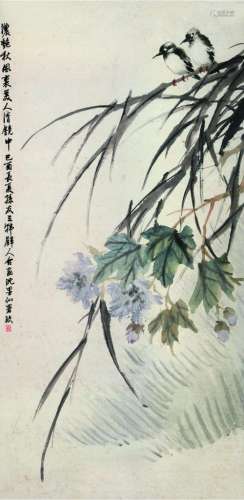 孙松（1882～1962）等 芙蓉双禽 立轴 设色纸本