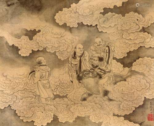 李公麟（1049～1106）（款） 四仙图 镜框 水墨绢本