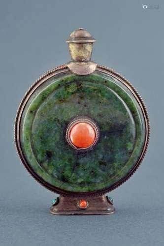 A RARE SILVER AND GREEN JADE SNUFF BOTTLE