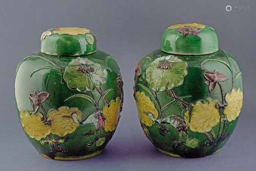 A PAIR OF FAHUA PORCELAIN GINGER JARS