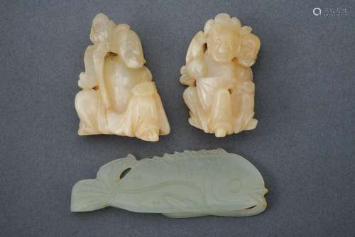 TWO HARD STONE PENDANTS AND ONE IN CELADON JADE