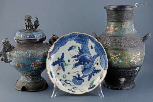 TWO CLOISONNE' VASES AND A PORCELAIN DISH