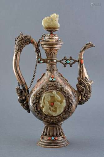 A FINE AND RARE SILVER AND JADE EWER FOR THE MONGOLIAN MARKET