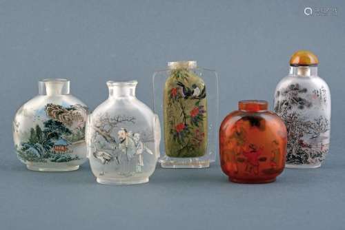 FIVE INSIDE PAINTED GLASS SNUFF BOTTLES
