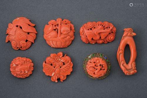 SEVEN PIECES OF CARVED RED CORAL