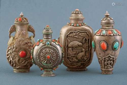 FOUR SILVER SNUFF BOTTLES