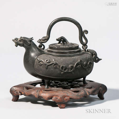 Bronze Tripod Teapot and Openwork Wood Stand 铜制三足茶壶和木架