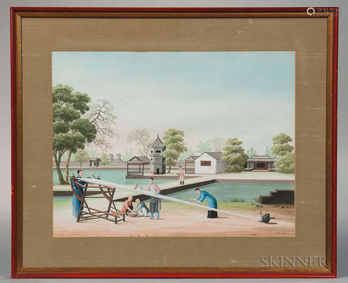 Set of Six Export Genre Paintings 六幅中国画 - 制丝图