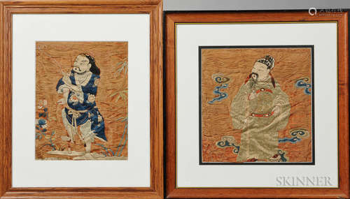 Two Framed Embroidered Silk Fragments 中国两片刺绣丝织品