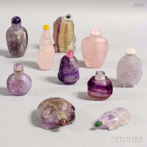 Ten Amethyst and Rose Quartz Snuff Bottles 十只玉石鼻烟壶