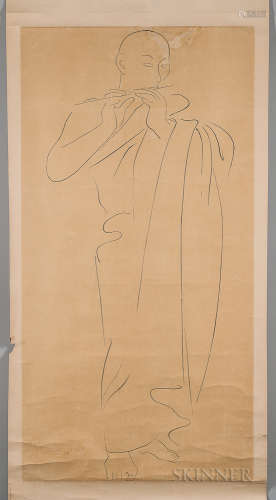 Hanging Scroll Depicting a Monk Playing the Flute 日本画 立轴-僧人吹笛