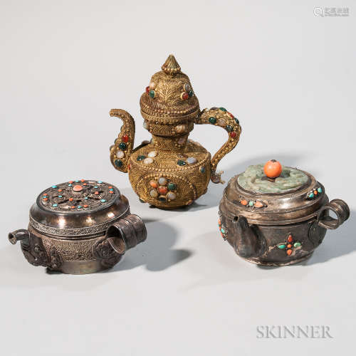 Three Silver/Copper Handled and Covered Ewers 三只铜银壶