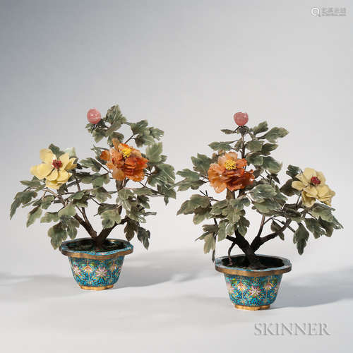 Pair of Hardstone Peonies in Cloisonne Pots 一对玉石牡丹和景泰蓝花盆