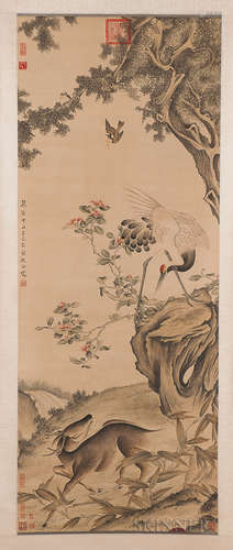 Hanging Scroll Depicting a Crane and Deer 中国画 立轴 - 仙鹤和鹿