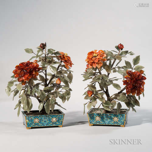 Pair of Hardstone Dahlias in Cloisonne Pots 一对玉石大丽花和景泰蓝花盆