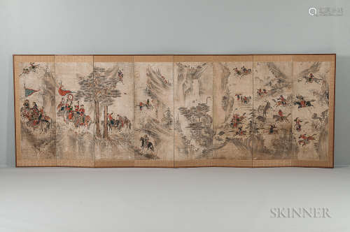 Eight-panel Folding Screen Depicting a Manchurian Hunting Scene 韩国八幅屏风 - 满族狩猎图