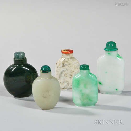 Five Hardstone and Jadeite Snuff Bottles 五只玉石翠玉鼻烟壶