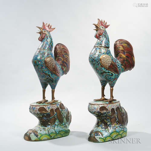 Pair of Large Bronze and Cloisonné Roosters 一对铜制景泰蓝公鸡