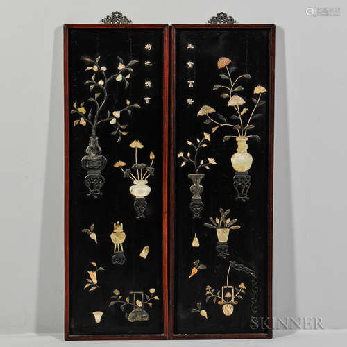 Pair of Hardstone Inlaid Wall Plaques 一对嵌玉石黑漆器板画