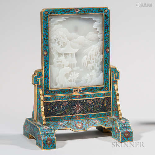 Cloisonne Table Screen with White Jade Plaque 景泰蓝白玉匾台屏