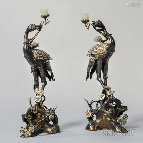 Pair of Gilt-silver Crane-shape Candleholders 一对镀银仙鹤烛台