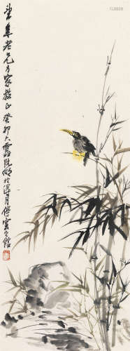 刘既明 1963年作 竹石翠鸟 轴 设色纸本