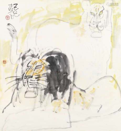 张士莹 1989年作 虎与狮子 镜心 设色纸本