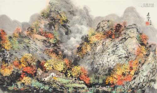 王维宝（b.1942） 庚辰（2000）年作 秋山红艳 镜片 设色纸本