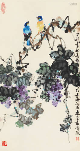 袁倩薇（当代） 丁卯（1987）年作 葡萄小鸟 立轴 设色纸本