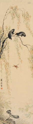 莲溪（1816～1884） 柳塘八哥 立轴 设色纸本