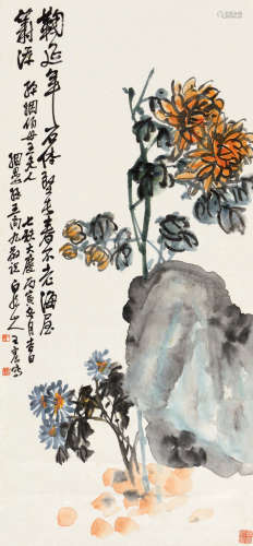 王震（1867～1938） 丙寅（1926）年作 九秋集艳 立轴 设色纸本
