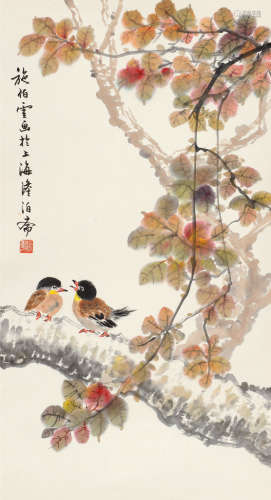 施伯云（1927～2006） 红叶小鸟 立轴 设色纸本