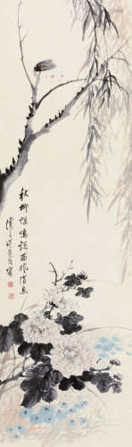 吴让之（1799～1870） 秋柳蝉鸣 立轴 设色纸本