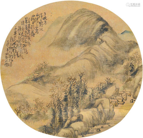胡铁梅（1848～1899） 平林野水 团扇片 设色绢本
