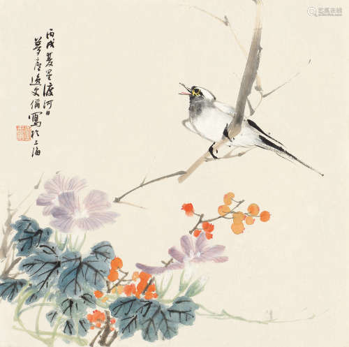 朱偁（1826～1900） 丙戌（1886）年作 枝头春色 屏轴 设色纸本