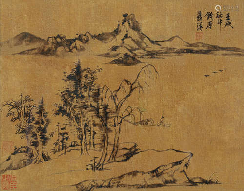 蓝瑛（1585～1664） 壬戌（1622）年作 泛舟图 镜框 水墨绢本