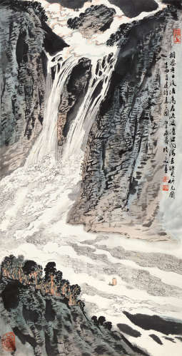 陆一飞（1931～2005） 庚午（1990）年作 峡江行旅 镜片 设色纸本