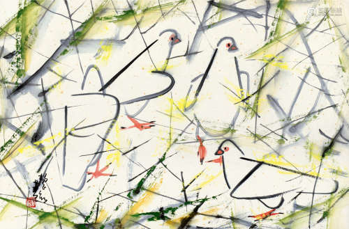 杨正新（b.1942） 群鸽图 镜片 设色纸本
