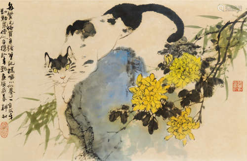 韩敏（b.1929） 庚辰（2000）年作 秋色猫趣 镜框 设色纸本